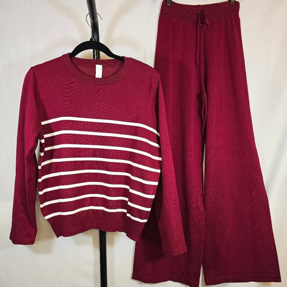 Burgundy & White Stripped Rib Knit Pantsuit
